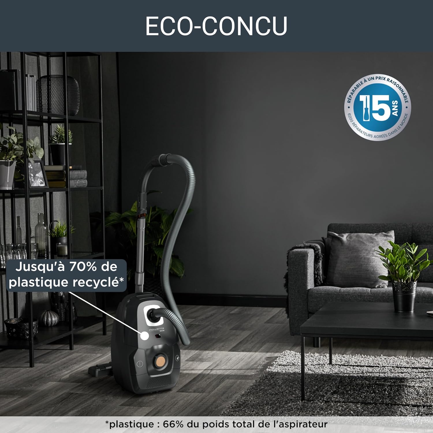 Rowenta Green Force Max Silence Vacuum Cleaner with Bag, 900 W Max, High Filtration, Quiet, Eco-Responsible, Made in France, Black/Aluminium RO6136EA