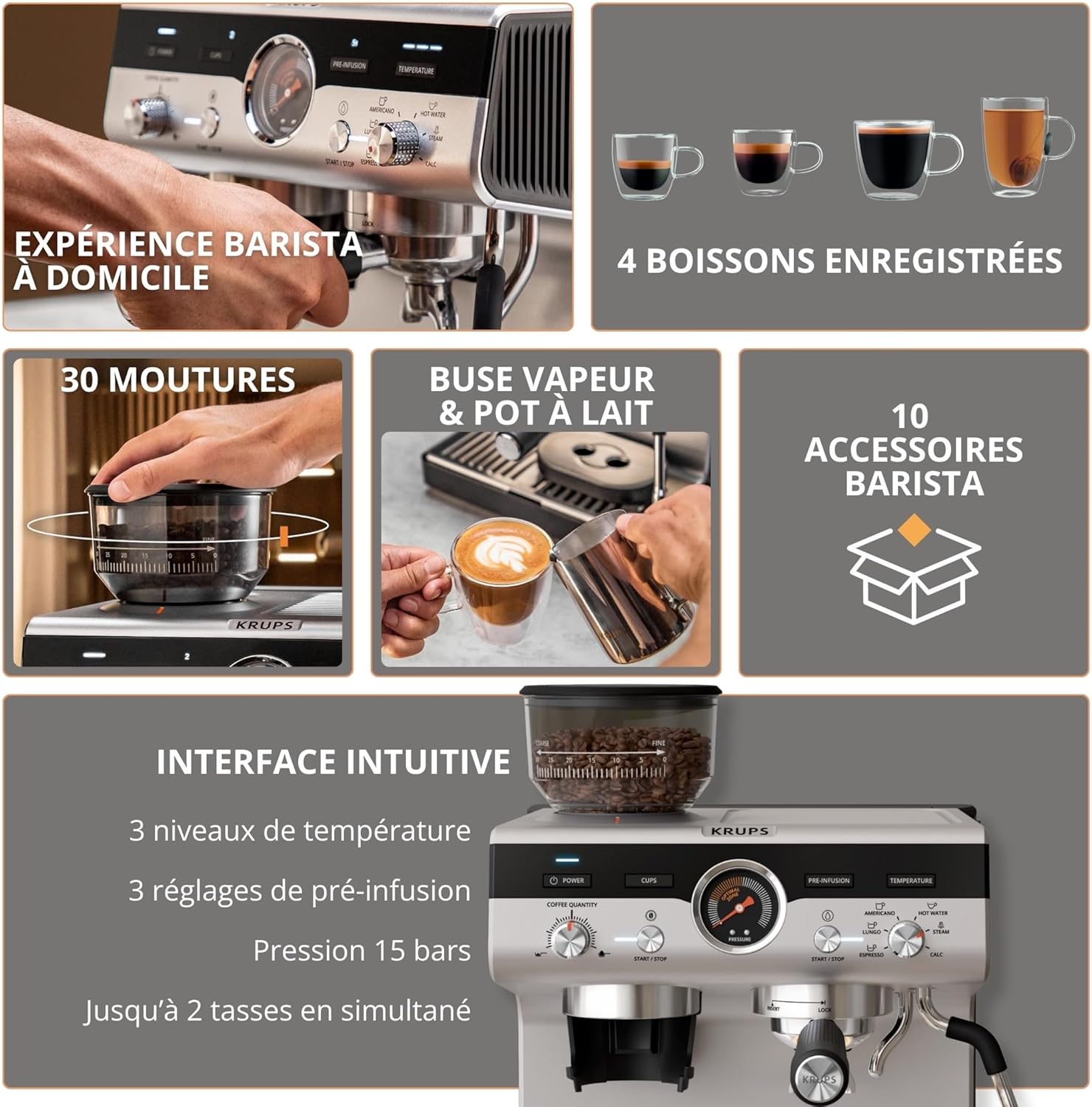Krups Virtuoso+, Machine expresso, Machine a cafe à pompe, expresso machine a cafe moulu ou dosettes, 15 bars, Inox, Buse vapeur, Espresso et cappuccino, XP444G10