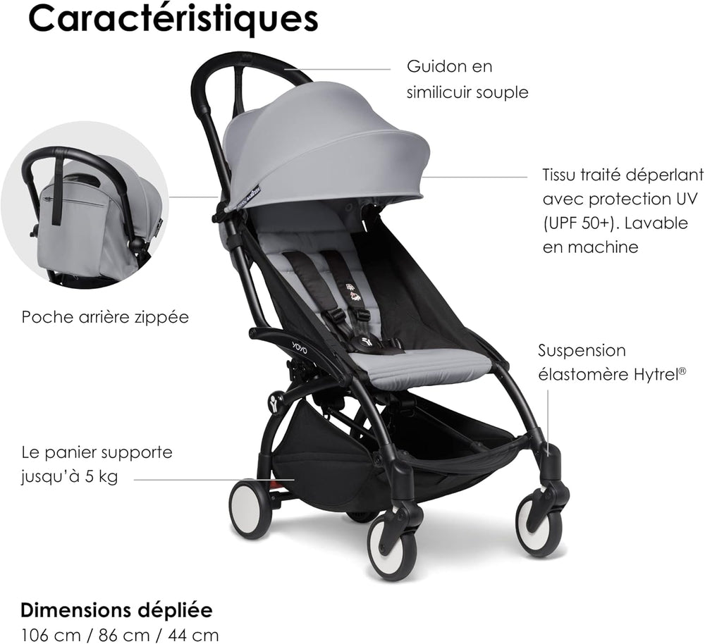 Poussette BABYZEN YOYO2 6+ (Cadre noir + pack couleur Aqua) - Comprend un harnais, un dossier, des arceaux de capote, une bandoulière, un coussin d’assise, et une capote assortie
