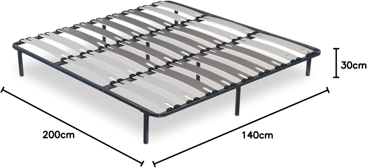 SAMPUR - Morpholattes bed base | 90 x 190 cm | 7 legs included | Grey | 25 cm high | epoxy lacquered metal frame | Extra wide slats | 5 support zones
