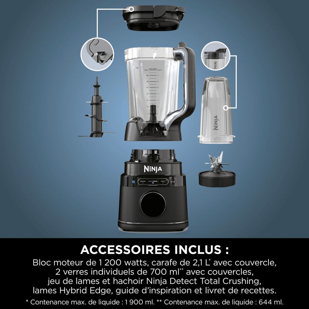 Ninja Detect Power Blender Pro & Single Serve 2-in-1, 1200W Blender with 2L Container, 2 Individual Cups, Blender for Smoothies and Iced Drinks, Vegetable Chopping, Black, TB301EU