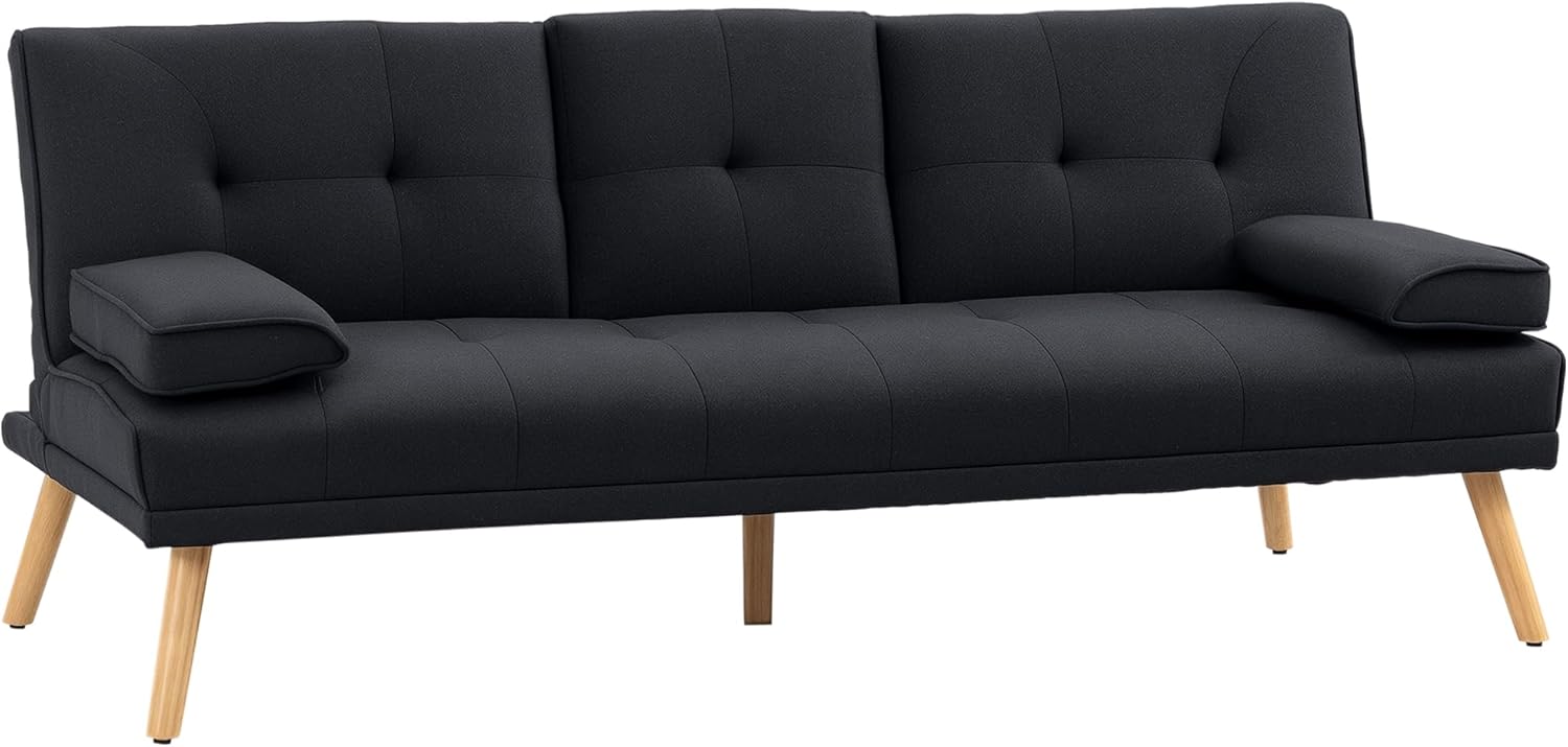 HOMCOM Canapé Convertible 3 Places Design scandinave Inclinaison Dossier réglable 3 Niveaux Dossier Centrale Rabattable 2 Porte-Verres Bois Massif Lin Gris