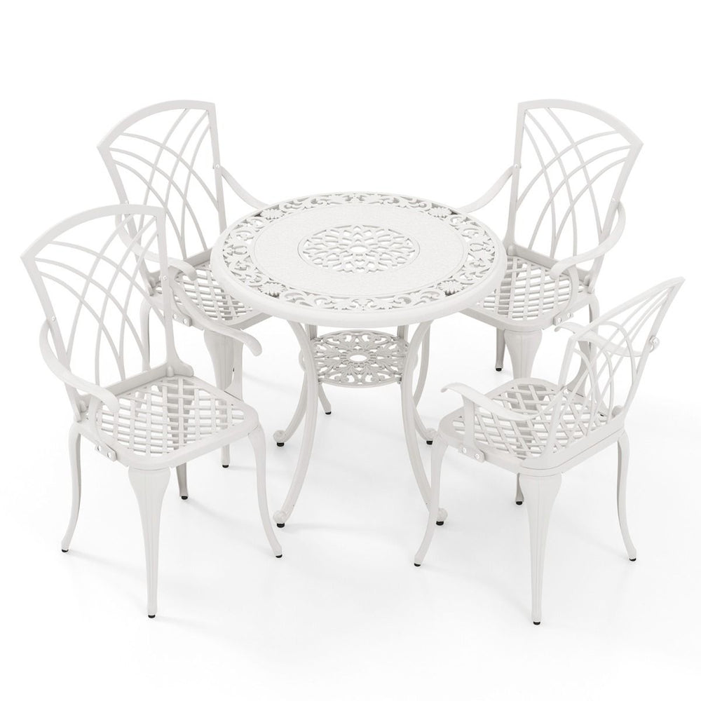 5 Pcs Salon de Jardin en Fonte d'Aluminium Trou pour Parasol Repose-pieds Réglables Ensemble de Table Ronde et 4 Chaises Blanc