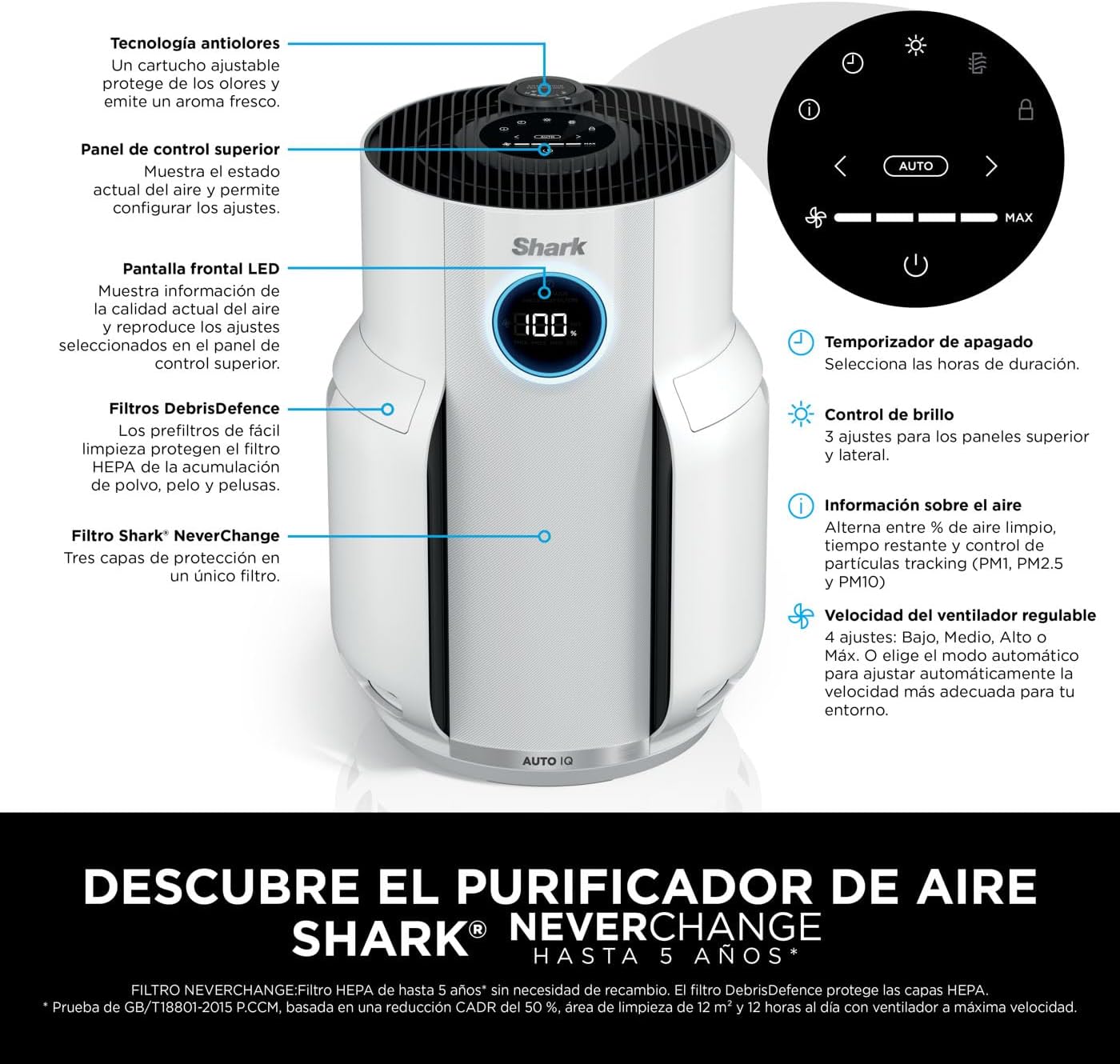 Shark NeverChange jusqu'à 5 ans Purificateur d'air MAX intérieur, Couvre 130m², Filtre HEPA 5 ans, Capture 99,97% allergènes, Mode automatique, Silencieux, LED, Blanc HP300EU