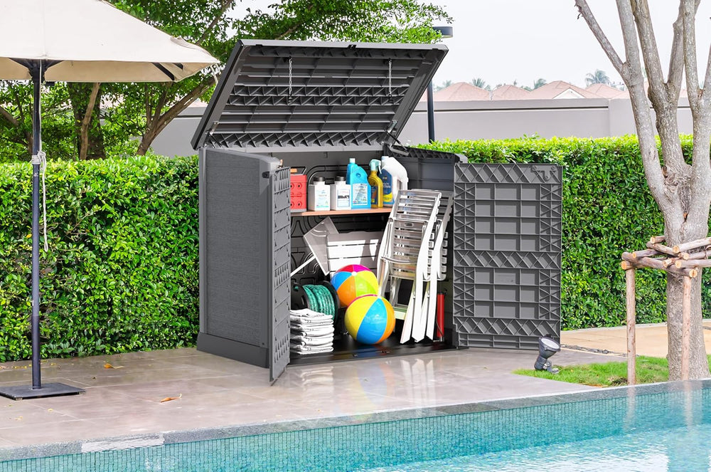 Duramax StoreAway 1200L Plastic Garden Shed/ Flat Lid, Outdoor Storage Shed, Wheelie Bin Hideaways, Wheelie bin box, Durable Construction, Ideal for Bikes, BBQs & 2x 240L Bins, 145x85x125 cm, Brown