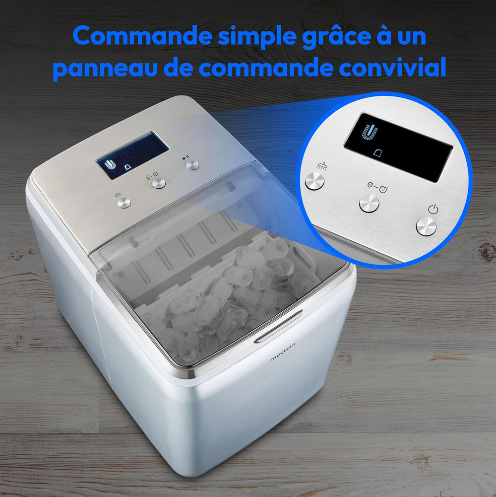MEDION Ice maker (ice cube size small & large, 2.6 litre water tank, short production time approx. 10 minutes, crystal clear ice cubes, self-cleaning, control window, screen,
