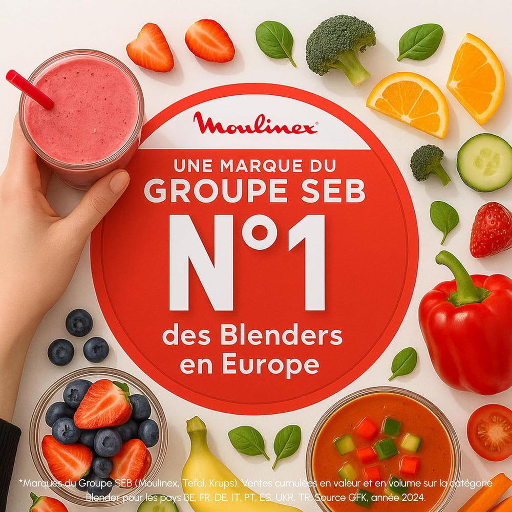 Moulinex Blender chauffant, Mixeur soupe, Puissance 1000 W, Capacité 1,2 L, 5 programmes automatiques, Double paroi, Maintien au chaud 40 min, Livret recettes, Easy Soup, Inox LM841B10