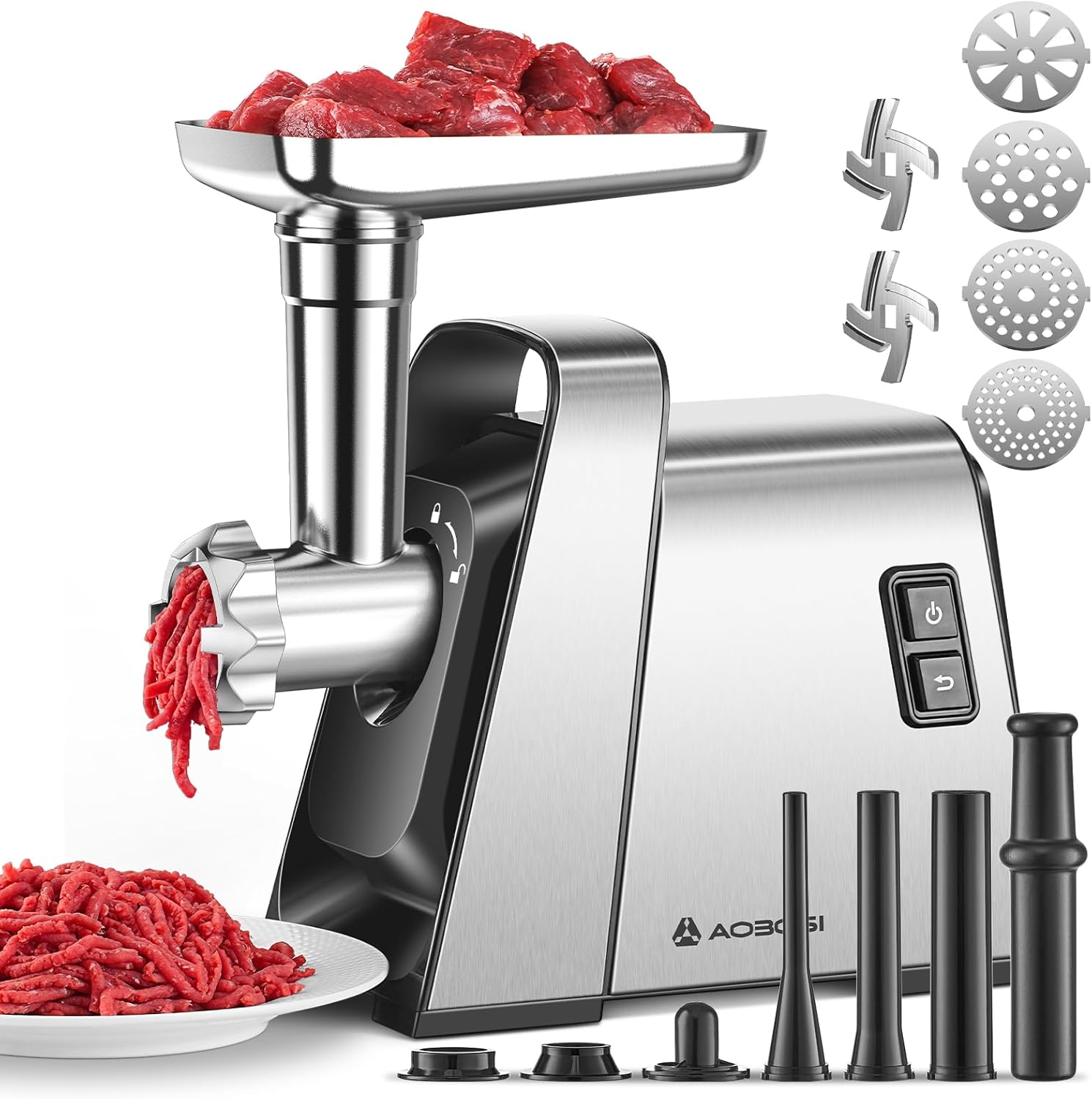 AOBOSI 4-in-1 Meat Grinder Electric Meat Grinder with 4 Stainless Steel Cutting Plates, 1 Kubbe and 3 Sausage Filling Tubes, Motor [3000w Max], Mincer with 2 Blades.