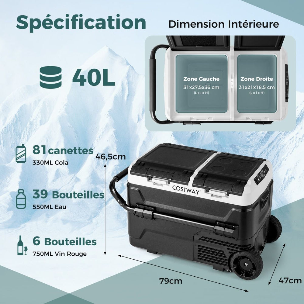 Glacière Électrique Portable Double Zone 40L Réfrigérateur de Voiture 12 V à Compresseur -20℃ ~ 2012/24V CC et 100-240V CA Noir -