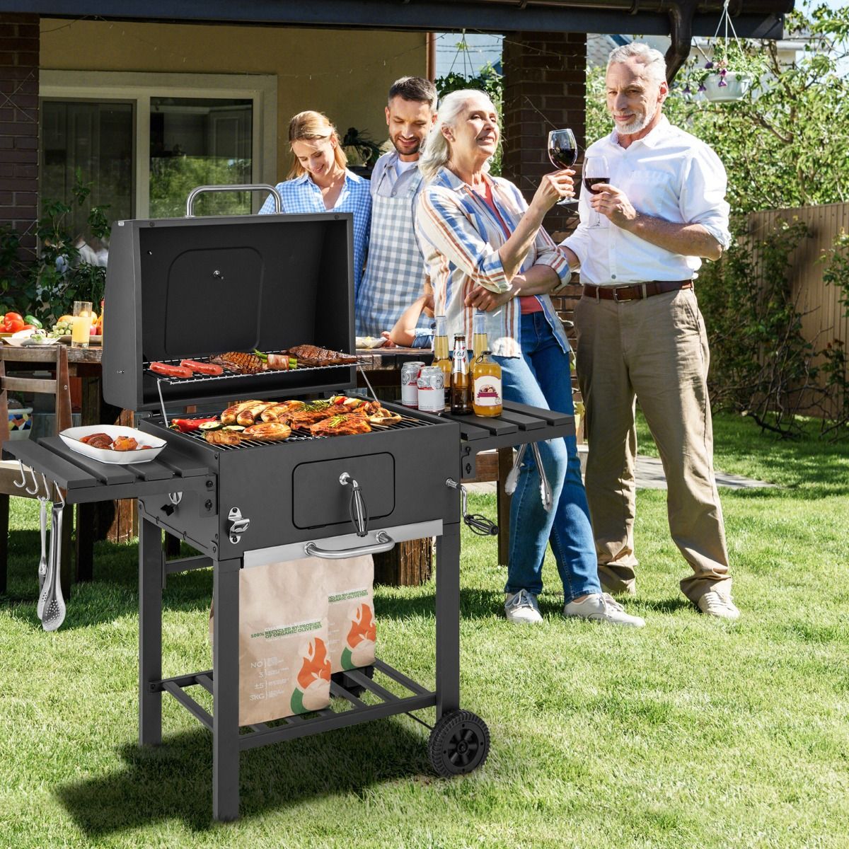 Barbecue à Charbon de Bois Portable avec 2 Tables d'Appoint Noir
