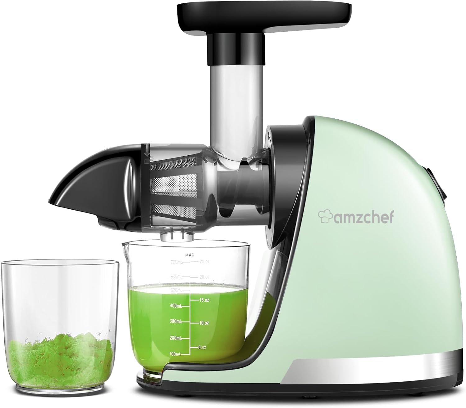 AMZCHEF Extracteur Jus - Extracteur de Jus de Fruits et Légumes - Presses-agrumes à Froid sans BPA avec 2 Tasses et Brosse - Fonction de Mastication Inversée pour Éviter les Blocages - Argent