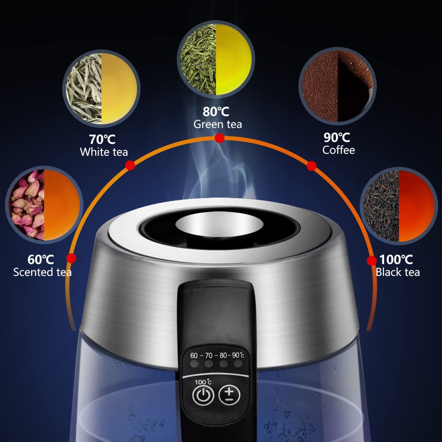 Aigostar Cris - Bouilloire en verre Température Réglable 2200W, 1.7L. Thermostat Réglable (60 à 100ºC) et fonction maintien au chaud, Filtre à thé amovible, éclairage LED de couleurs, Sans BPA.