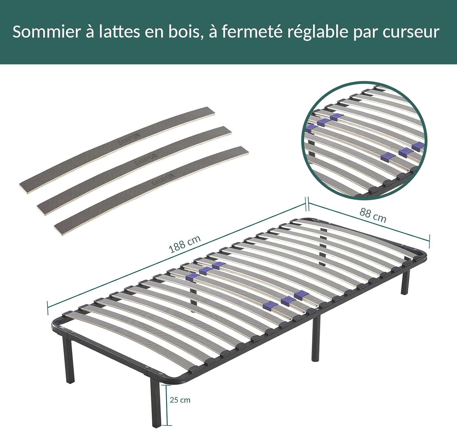 SAMPUR - Sommier Essentiel 140x190 cm | Résistant et Confortable | 7 Pieds Inclus | Lattes réglables | Cadre métal laqué époxy | Sommier 1 ou 2 Personnes | Montage Rapide et Facile
