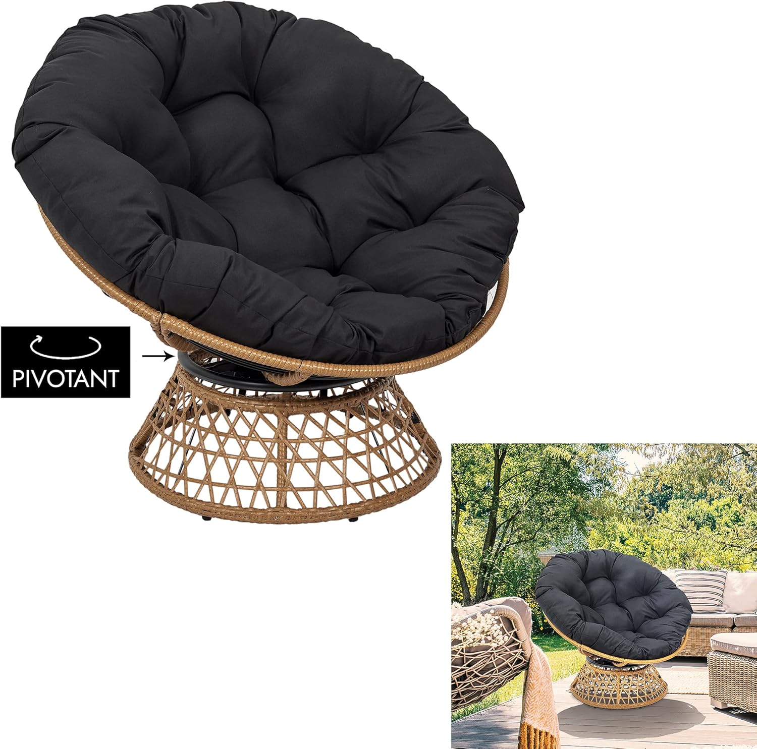 HOME DECO FACTORY, Fauteuil Pivotant Extérieur, Chaise Relax Ronde, 1 Place Pivotant à 360°, Coussin Épais Grand Confort Inclus, Mobilier de Jardin pour Amenagement Balcon Terrasse Salon de Jardin