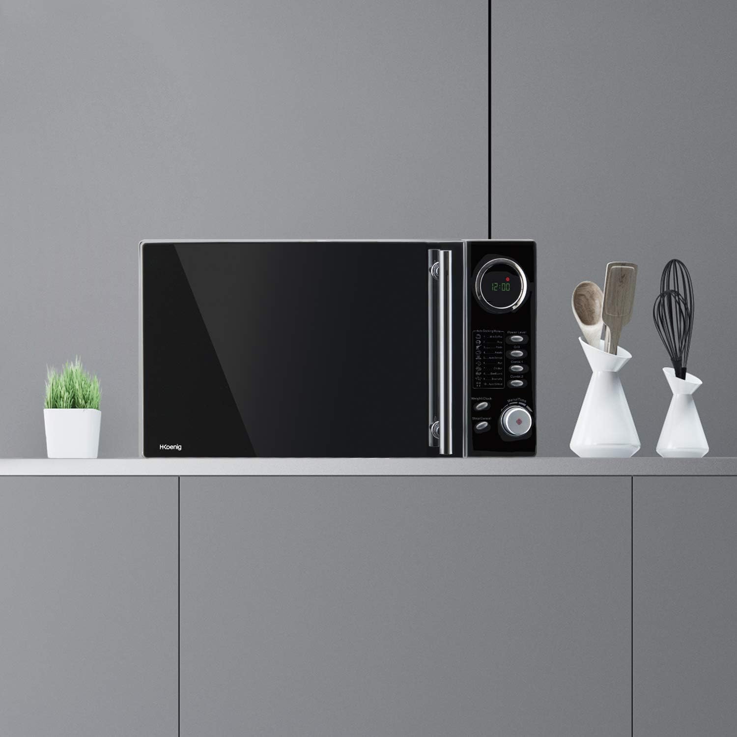 H.Koenig Four à Micro-ondes Compact Digital 20L VIO2, 700W, Plateau tournant 24,5cm, Multifonction Programmable 6 niveaux de chauffe, Décongélation et Express, Minuterie 60min, Effet mirroir noir