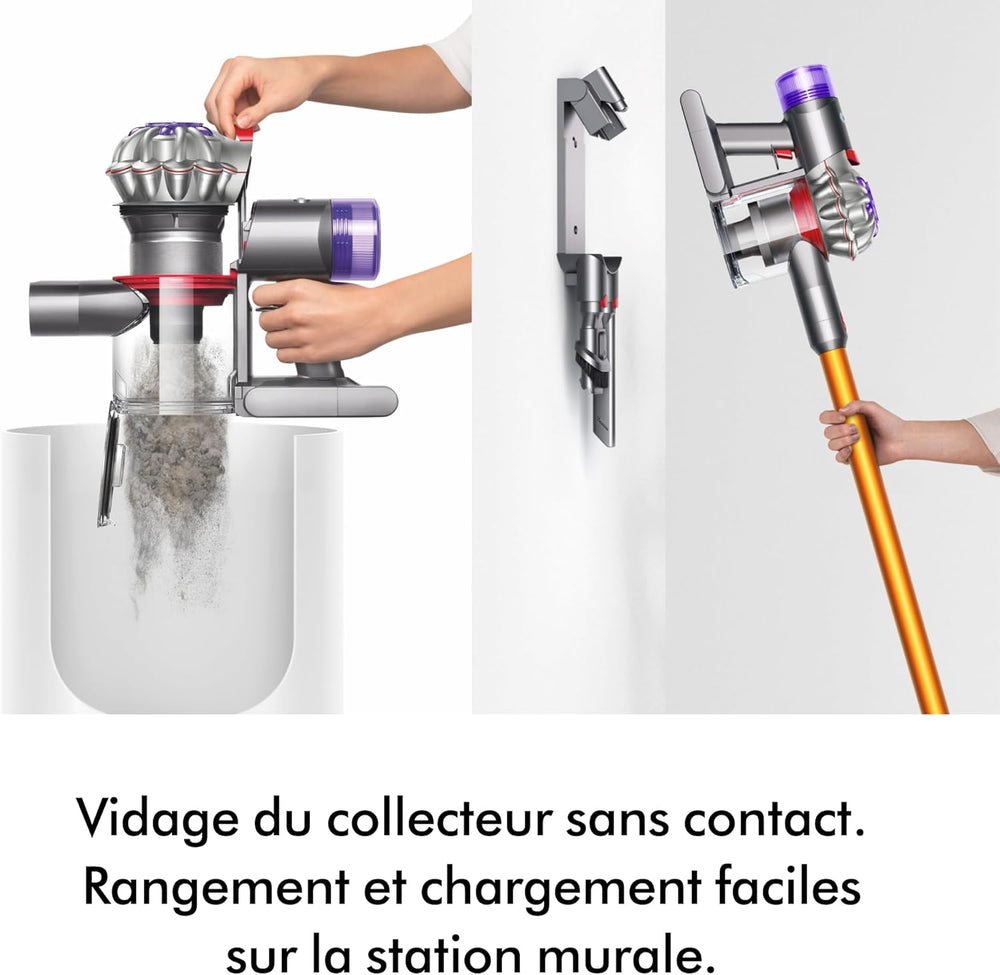 Dyson V8 Advanced™ Aspirateur Balai sans Fil – 130 AW, 40 Min d’autonomie, Brosse Motorbar Auto-démêlante, Accessoires combinés, Station Murale, Argent/Nickel