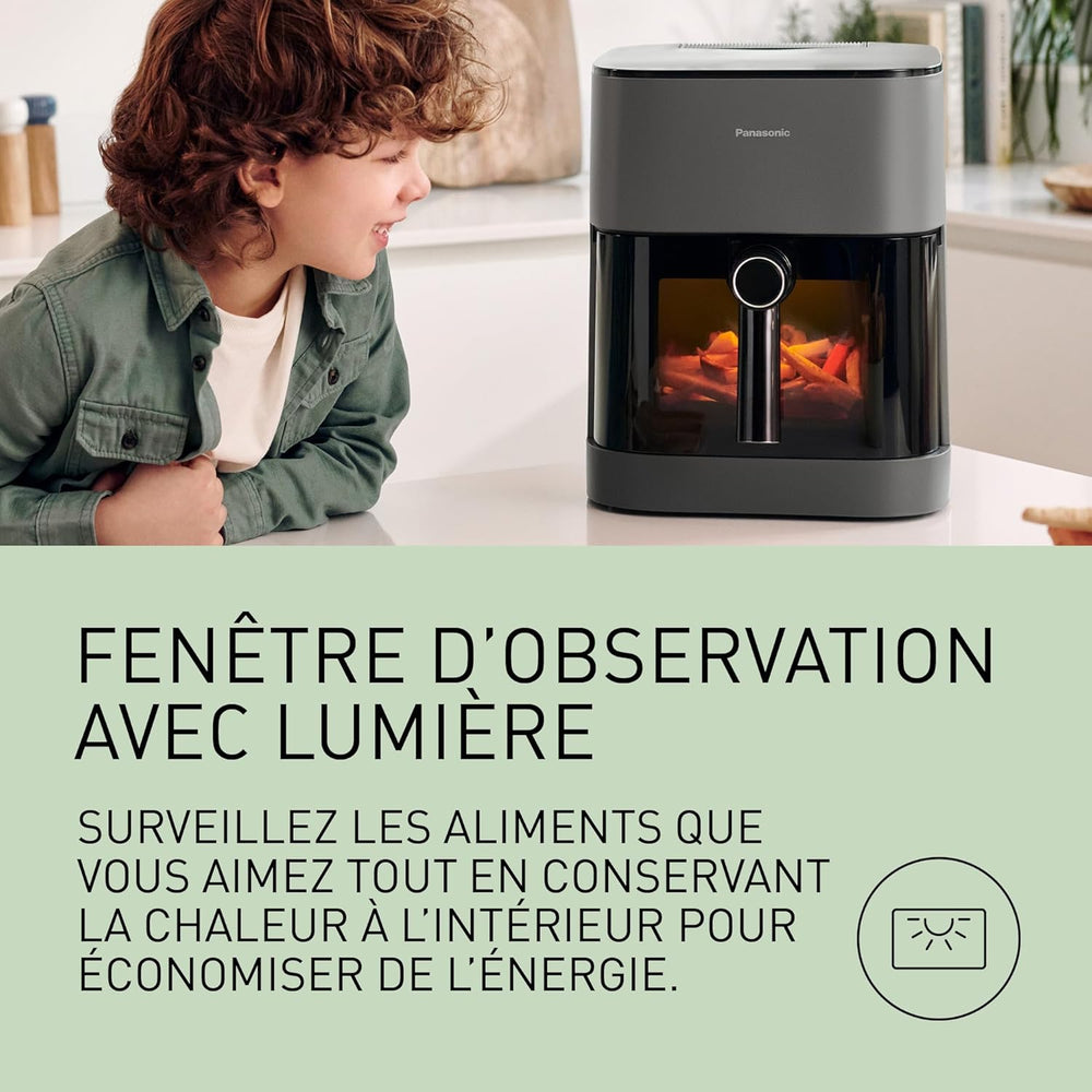Panasonic NF-CC500SXE AirFryer Friteuse sans huile avec Hublot, 5L, 80-200°C, Minuterie Numérique et Écran LCD, Vapeur Douce, 11 Préréglages, Nettoyage Facile, Gris Mat
