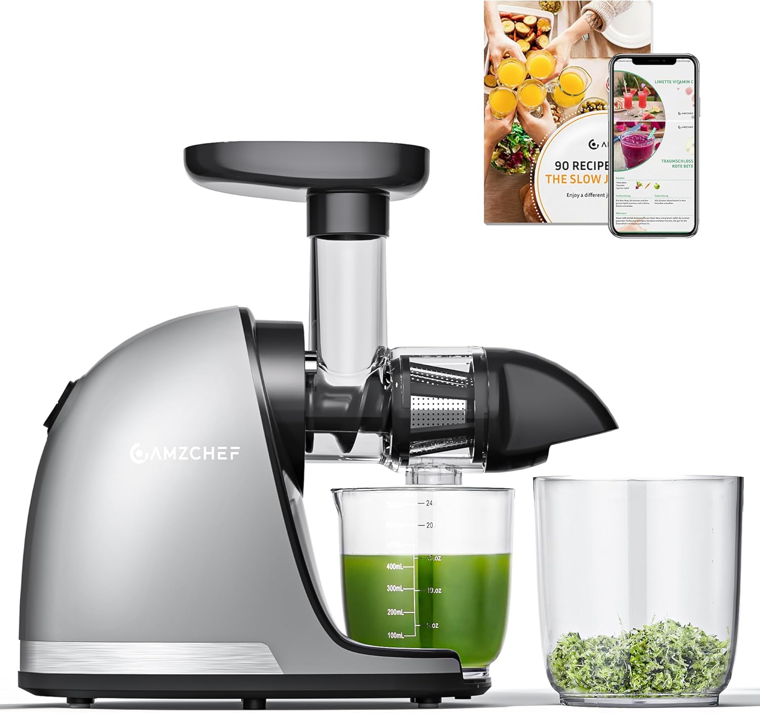 AMZCHEF Extracteur Jus - Extracteur de Jus de Fruits et Légumes - Presses-agrumes à Froid sans BPA avec 2 Tasses et Brosse - Fonction de Mastication Inversée pour Éviter les Blocages - Argent