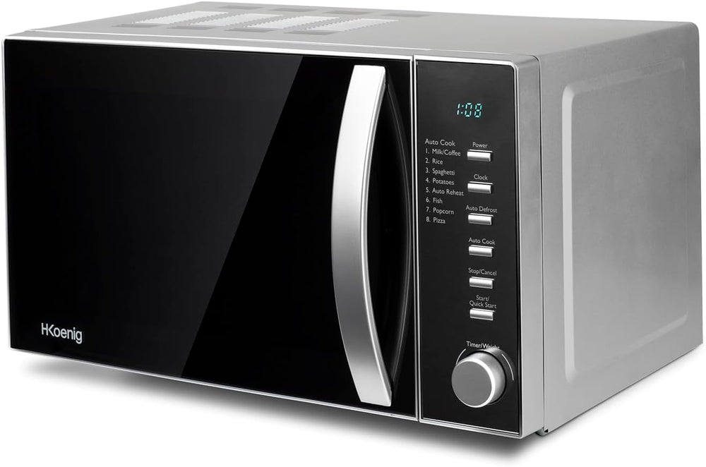 H.Koenig Four à Micro-ondes Compact Digital 20L VIO2, 700W, Plateau tournant 24,5cm, Multifonction Programmable 6 niveaux de chauffe, Décongélation et Express, Minuterie 60min, Effet mirroir noir