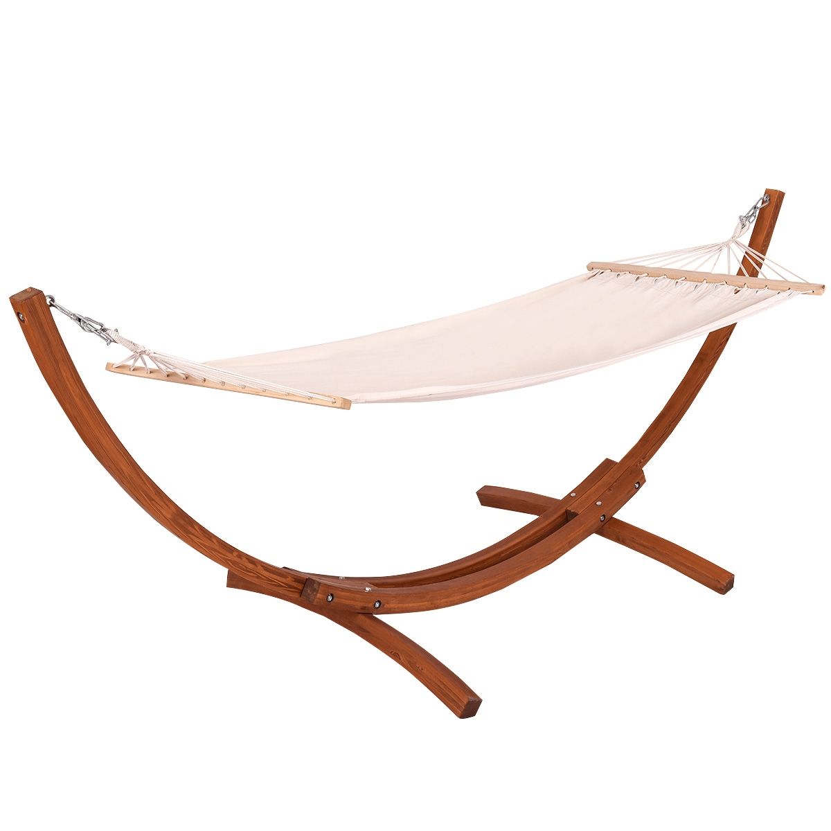 Hamac 1 Place 200x100cm avec Support en Bois de Mélèze Russe Capacité 120kg en Polyester Métal 313x115x120cm Naturel -