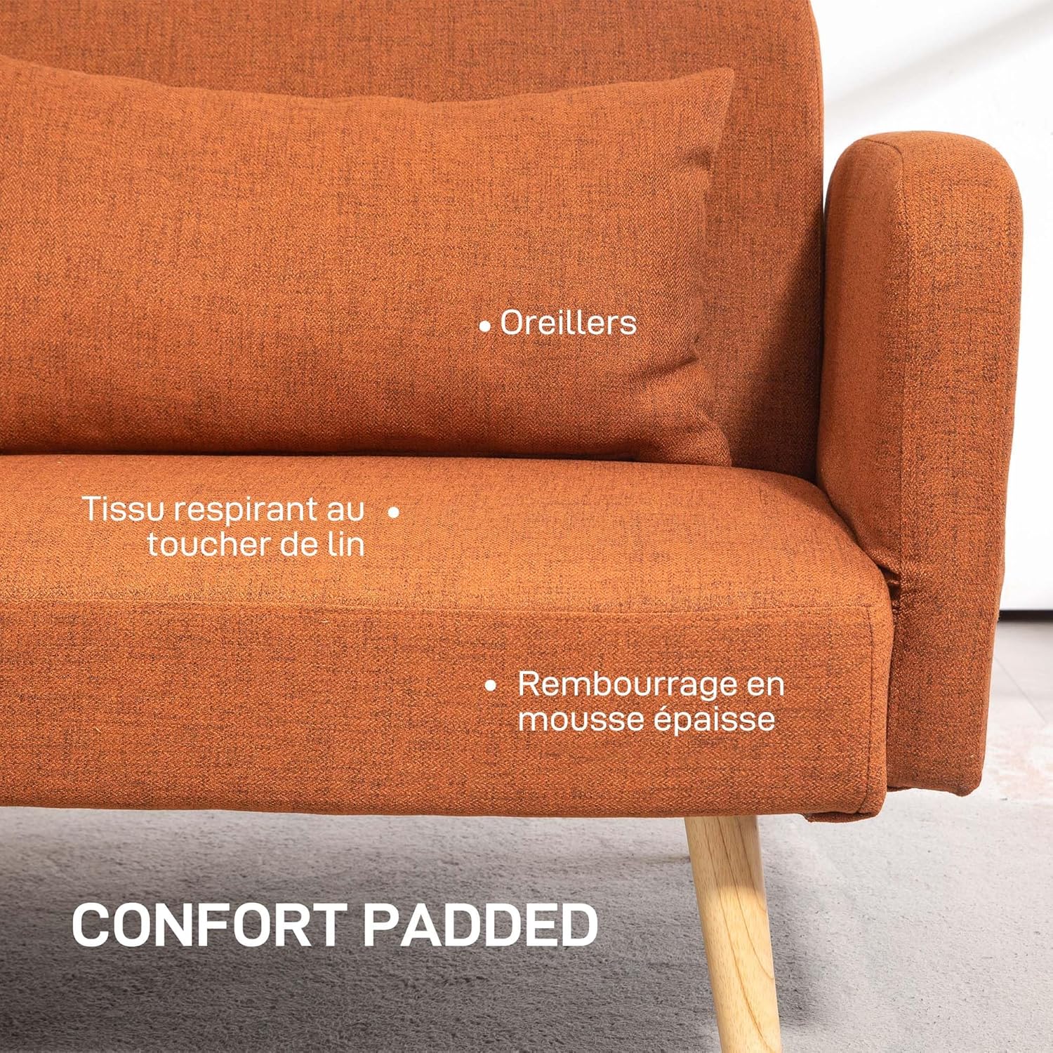HOMCOM Canapé Convertible 3 Places, canapé-lit 2 Places, Dossier inclinable et accoudoirs réglables, canapé clic clac en Tissu Effet Lin, Pieds en Bois Massif, 2 Coussins lavables, Marron