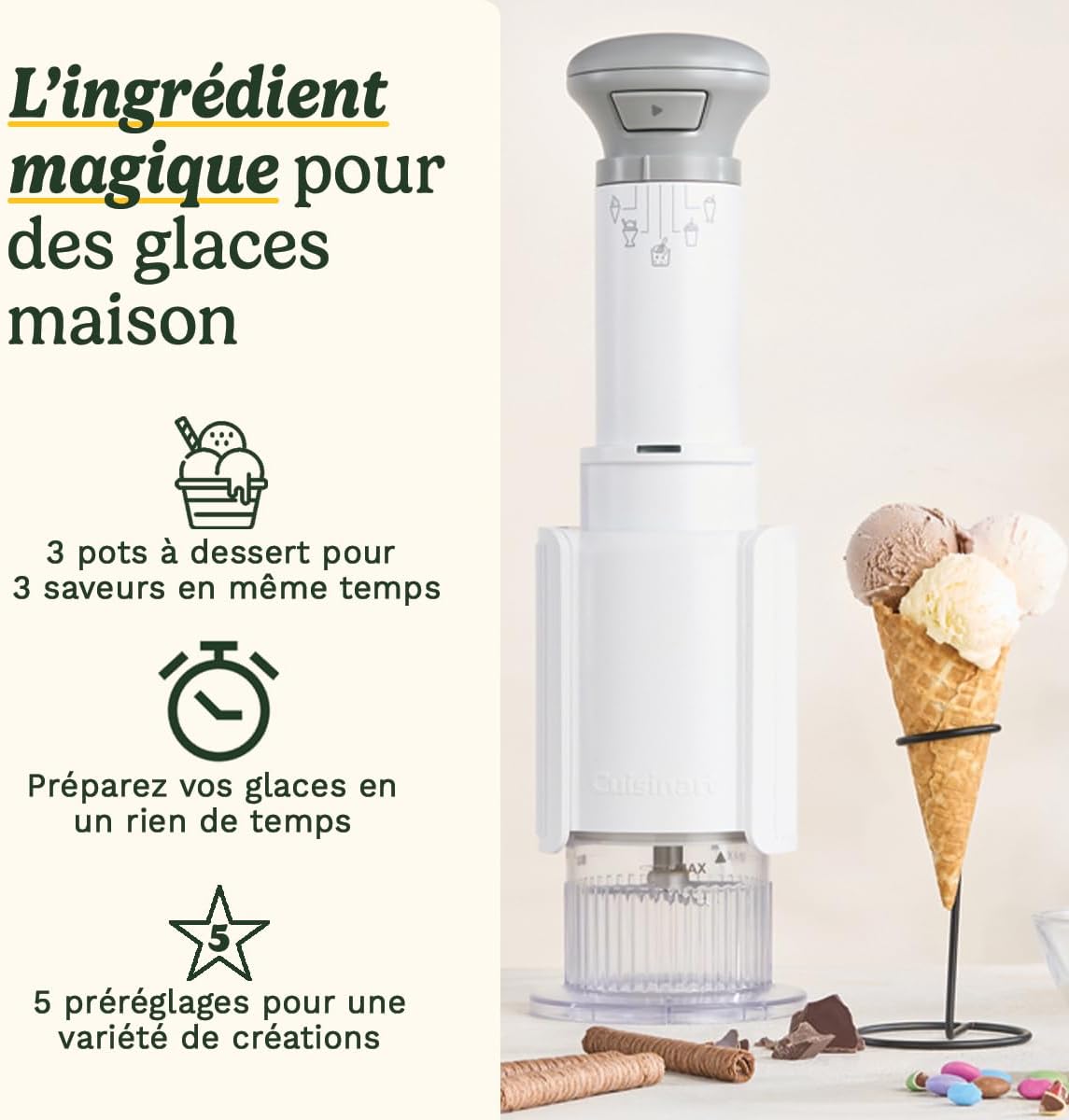 Cuisinart Sorbetière - Fait de la crème glacée, du gelato, du sorbet et du yogourt glacé en 40 minutes - Desserts maison - Facile à utiliser - Acier inoxydable - ICE100BCU
