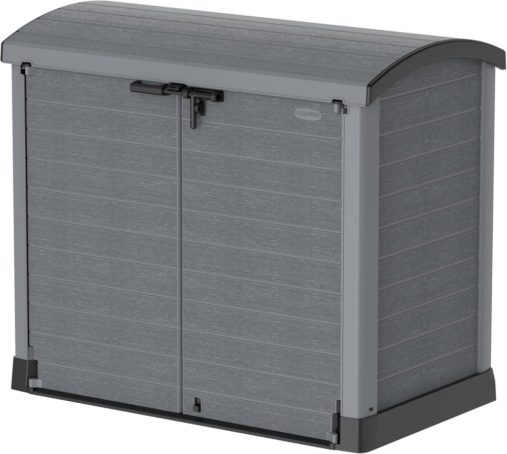 Duramax StoreAway 1200L Plastic Garden Shed/ Flat Lid, Outdoor Storage Shed, Wheelie Bin Hideaways, Wheelie bin box, Durable Construction, Ideal for Bikes, BBQs & 2x 240L Bins, 145x85x125 cm, Brown