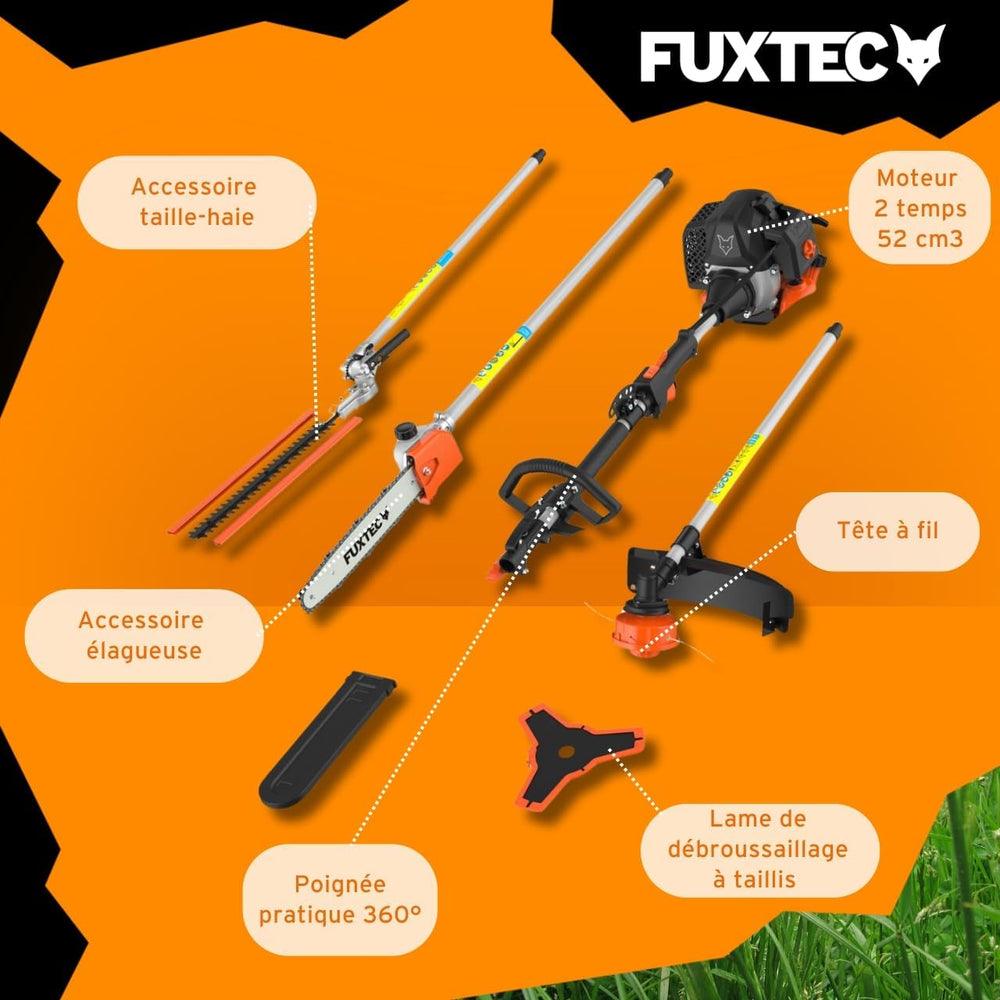 Fuxtec Débroussailleuse Thermique Multifonction 5 en 1 Multitool FX-MT152E - Easy Starter 3CV 52 cm³, Moteur 2 Temps, Élagueuse Taille Haie Coupe Bordure Avec Fil ou Lame 1 Mètre Rallonge