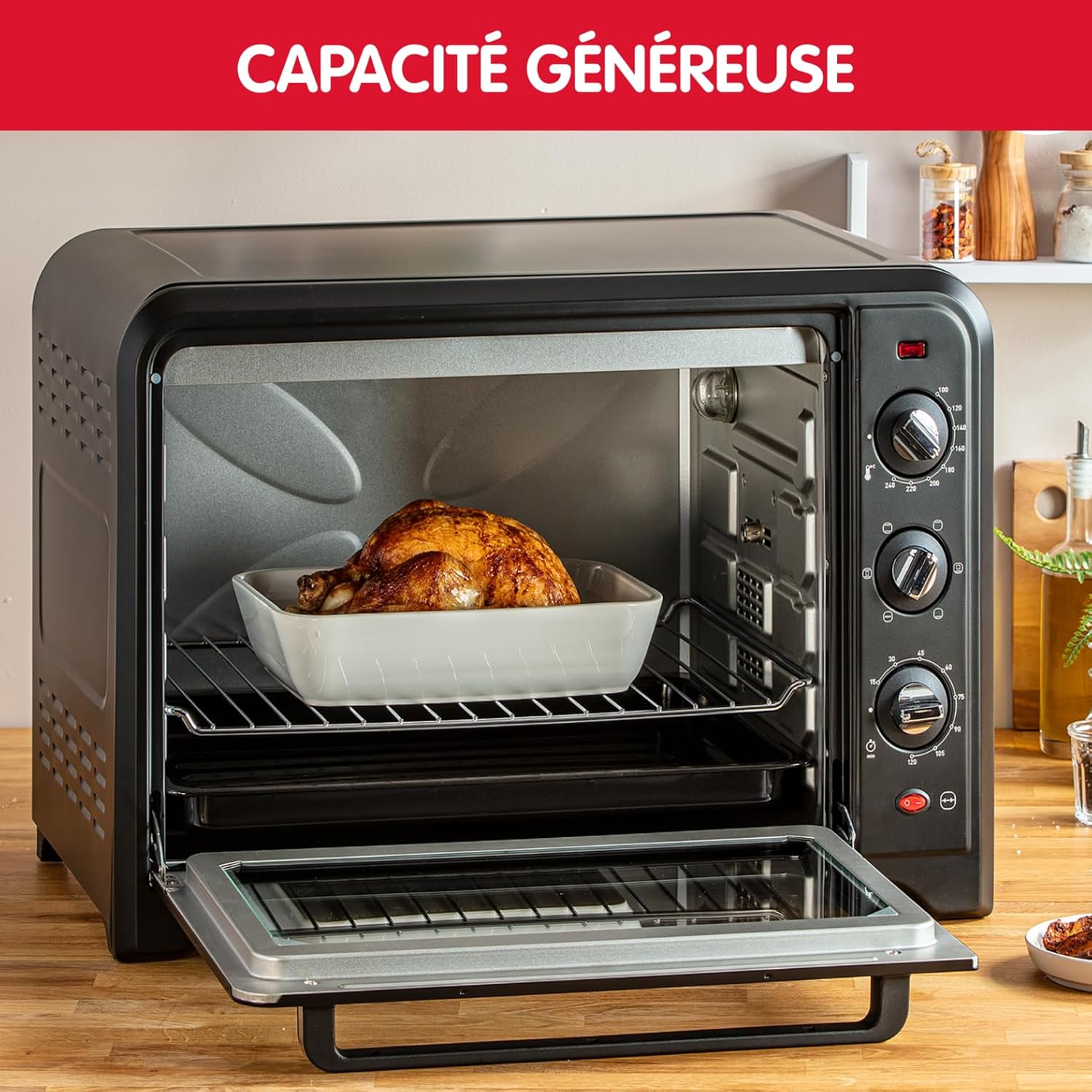 Moulinex Oven, 33 L, Rotating heat, Advanced convection, 6 cooking modes, Thermostat adjustable up to 240°C, Timer 120 min, Reversible grill, Silicone oven mitts, Optimo Black OX464811